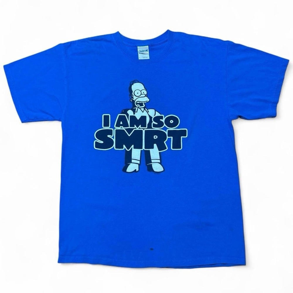 Y2K Blue Homer Simpson The Simpsons "I Am So SMRT" T-Shirt LRG 21x28 Gildan Tag